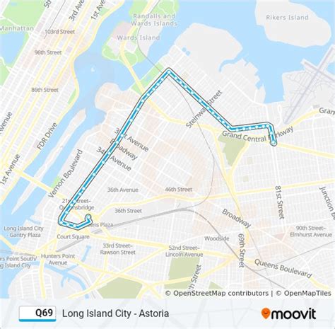 The proposed length of the Q69 Rush route is 4.9 miles. In the existing route, the average stop spacing is 728 feet. Under the proposed route, that would increase to 948 feet. The route would include connections to the B62, Q18, Q19, Q32, Q33, Q39, Q47, Q60, Q63, Q66, Q101, and Q105. It would also connect to the